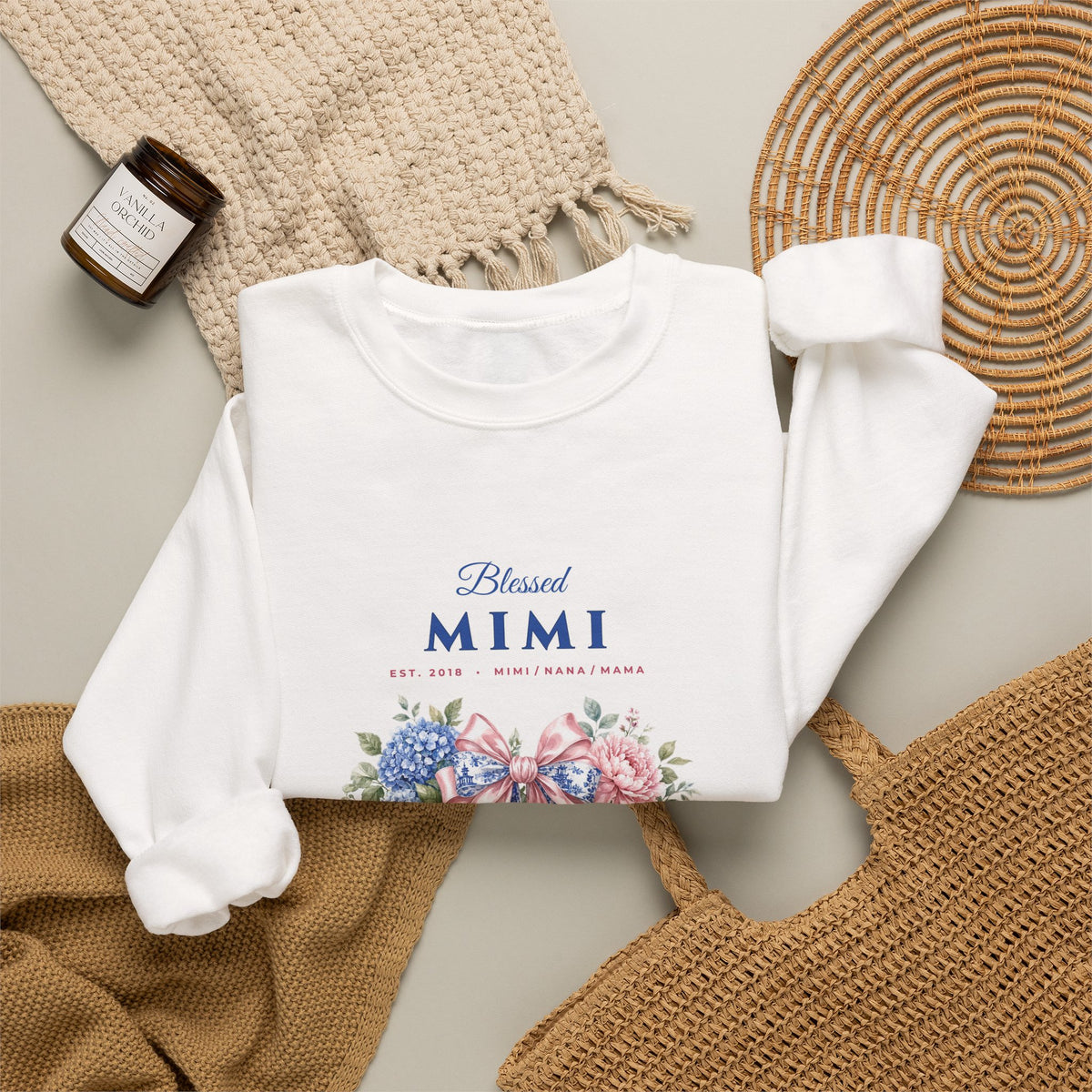 Personalized Blessed Mimi, Nana or Mama Chinoiserie Bow & Grandkids Names Sweatshirt | Custom Floral Coquette Grandma & Mom Crewneck