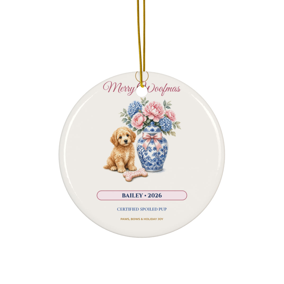 Personalized "[Dog's Name]'s Merry Woofmas 2026" Golden Doodle & Chinoiserie Ginger-Jar Coquette Bow Ceramic Christmas Ornament