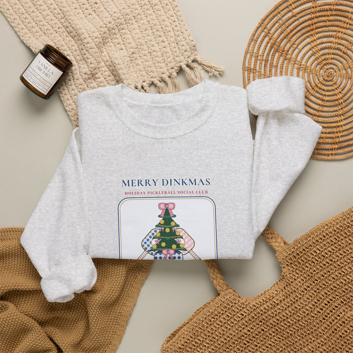 "Merry Dinkmas • Court & Cocoa Club" Chinoiserie Ginger-Jar Christmas Tree & Pickleball Paddles Holiday Sweatshirt | Coquette Crewneck