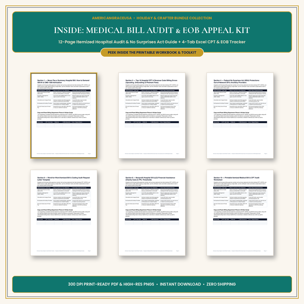 Hospital & Medical Bill Itemized Audit & EOB Appeal Kit Inside Spreads & Excel Preview