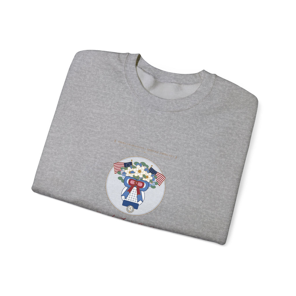 "Land That I Love • Est. 1776" Chinoiserie Ginger Jar, White Magnolia & Vintage American Flag Bow Heavyweight Crewneck Sweatshirt