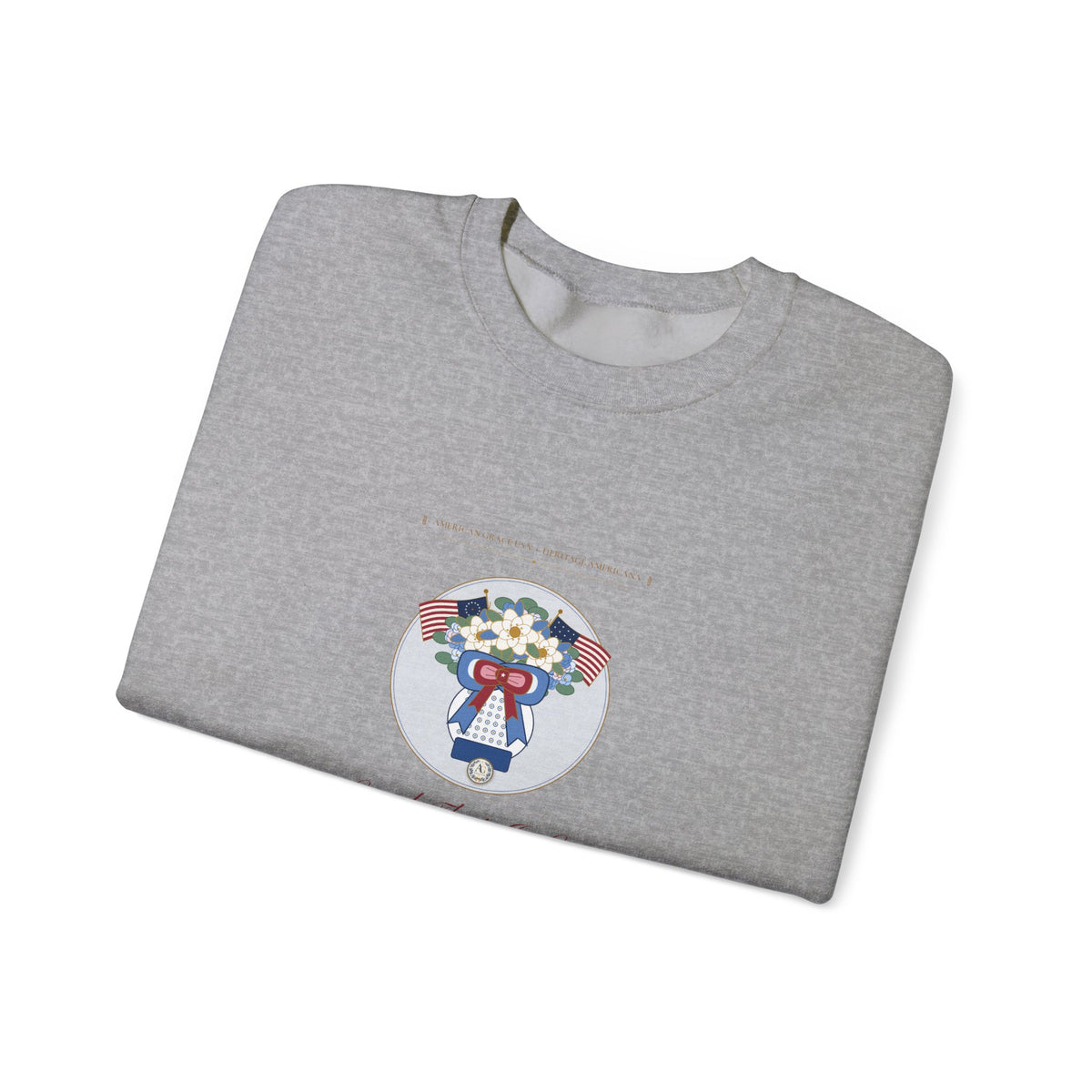 "Land That I Love • Est. 1776" Chinoiserie Ginger Jar, White Magnolia & Vintage American Flag Bow Heavyweight Crewneck Sweatshirt