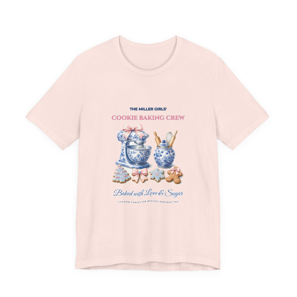 Personalized Custom Family or Besties Christmas Cookie Baking Crew Shirt | Chinoiserie Stand Mixer & Coquette Bow Bella+Canvas 3001 Tee