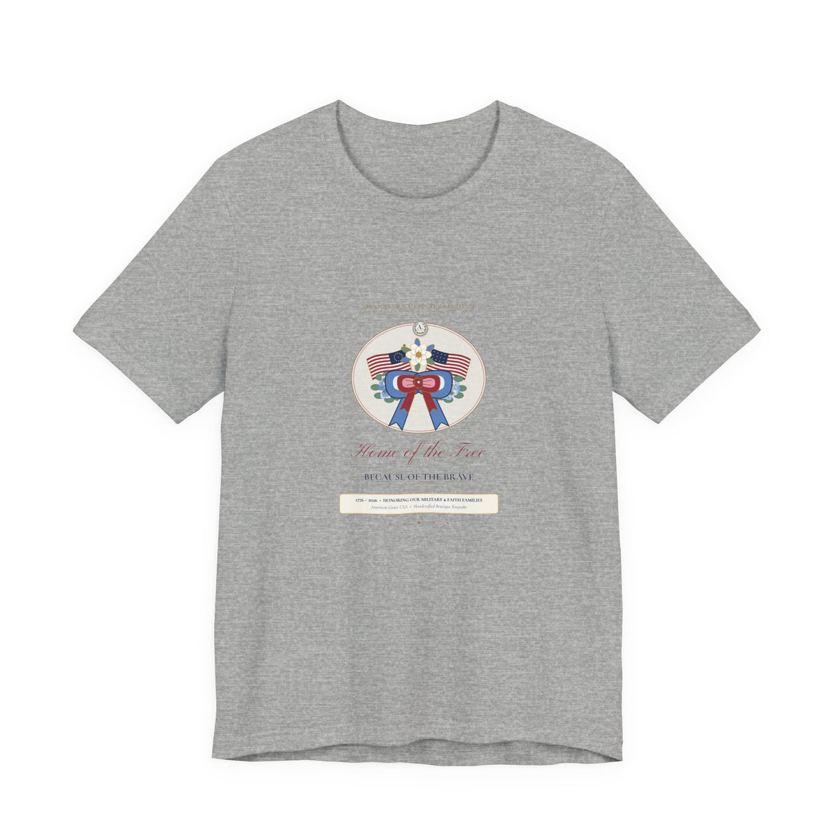 "American Grace • Home of the Free, Because of the Brave" Preppy Toile Ribbon & Flag Bella+Canvas Boutique Tee