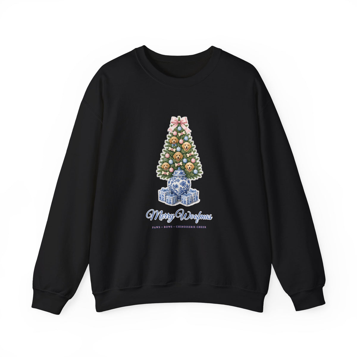 Merry Woofmas Chinoiserie Ginger-Jar Christmas Tree & Golden Doodle Ornaments Sweatshirt | Coquette Bow Dog Mom Holiday Crewneck