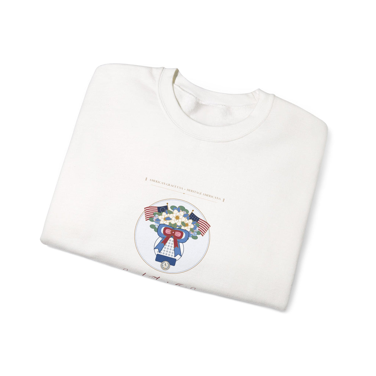 "Land That I Love • Est. 1776" Chinoiserie Ginger Jar, White Magnolia & Vintage American Flag Bow Heavyweight Crewneck Sweatshirt