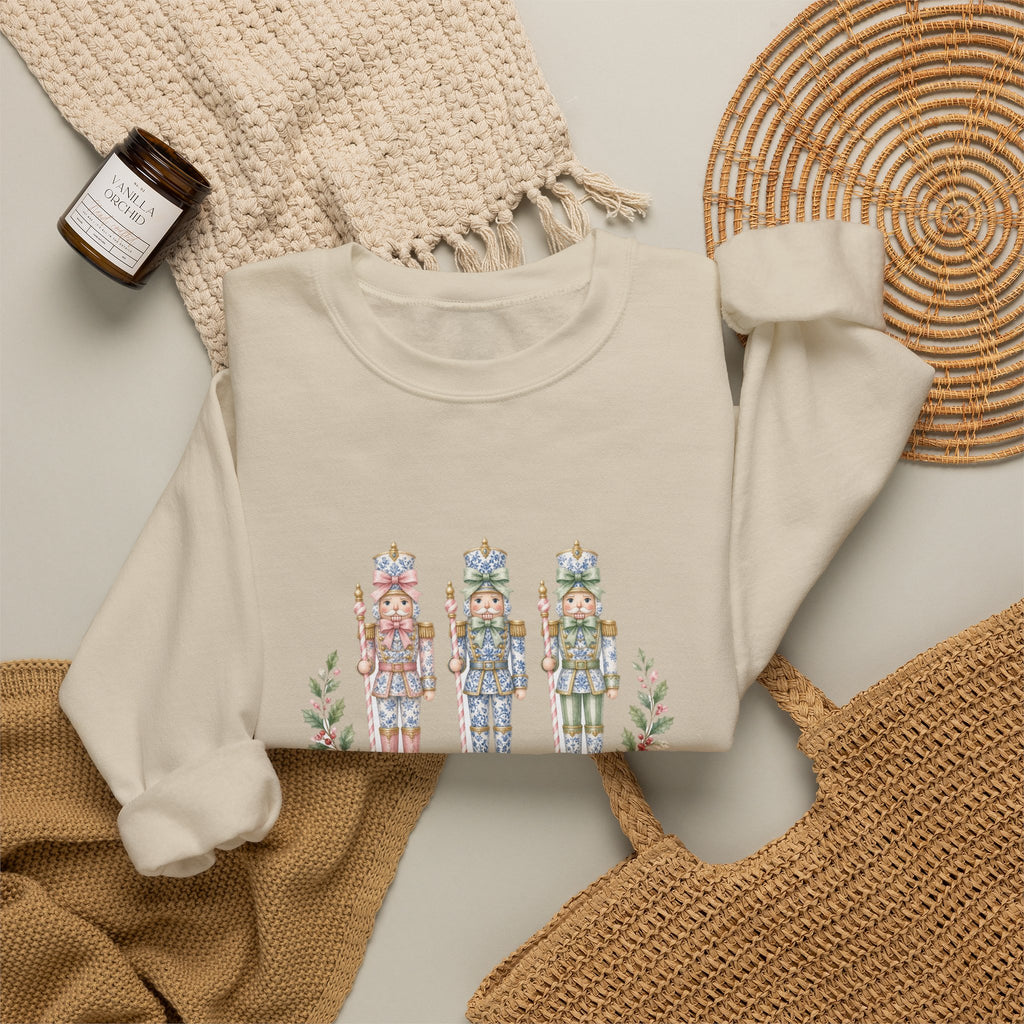 Pastel Chinoiserie Nutcracker & Pink Coquette Bow Holiday Sweatshirt | Grandmillennial "Merry & Bright" Christmas Crewneck