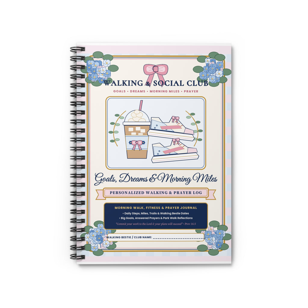 Personalized "Walking Club & Morning Miles Log" — Chinoiserie & Coquette Bow 6" × 8" Spiral Fitness, Prayer & Goals Journal