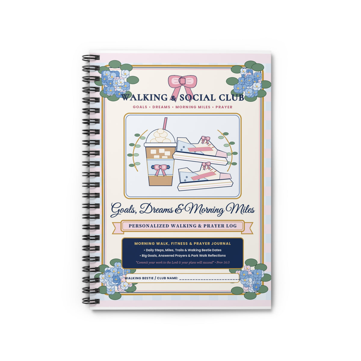 Personalized "Walking Club & Morning Miles Log" — Chinoiserie & Coquette Bow 6" × 8" Spiral Fitness, Prayer & Goals Journal