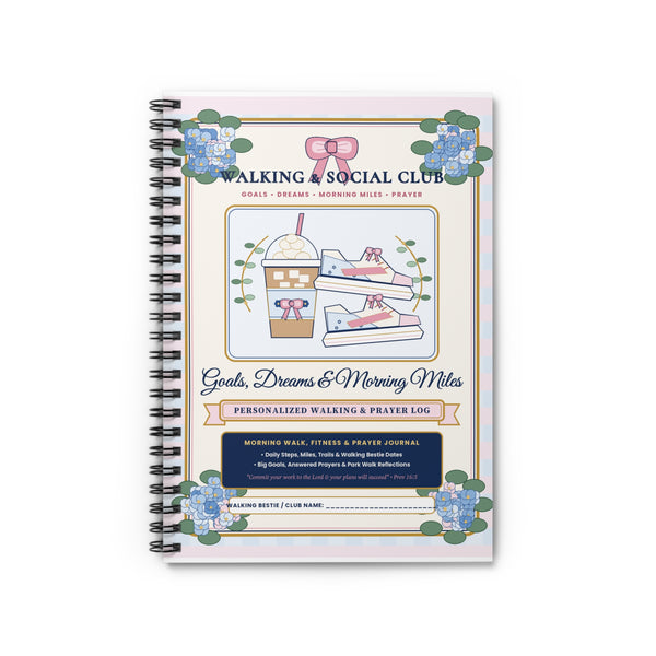 Personalized "Walking Club & Morning Miles Log" — Chinoiserie & Coquette Bow 6" × 8" Spiral Fitness, Prayer & Goals Journal