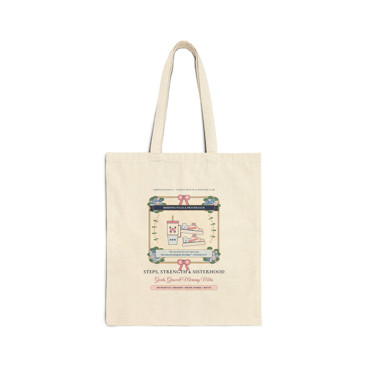 Personalized "Steps, Strength & Sisterhood • Proverbs 31:17" Walking Club Canvas Tote Bag | Fitness Besties Park Walk & Water Bottle Bag