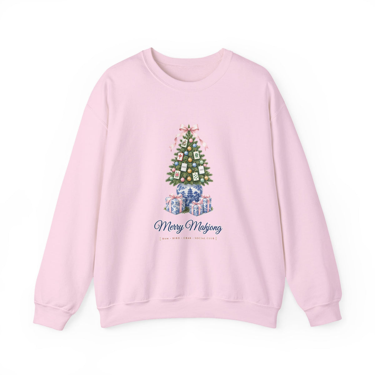 Merry Mahjong Chinoiserie Ginger-Jar Christmas Tree Sweatshirt | Coquette Bow & Pastel Mahjong Tile Holiday Crewneck