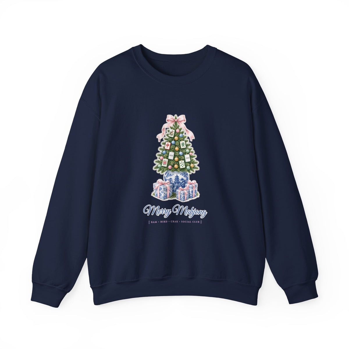 Merry Mahjong Chinoiserie Ginger-Jar Christmas Tree Sweatshirt | Coquette Bow & Pastel Mahjong Tile Holiday Crewneck