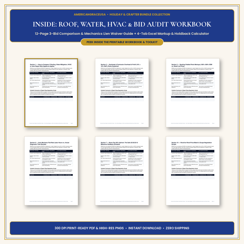 Roof, Water, HVAC & Contractor Bid Audit Workbook Inside Spreads & Excel Preview