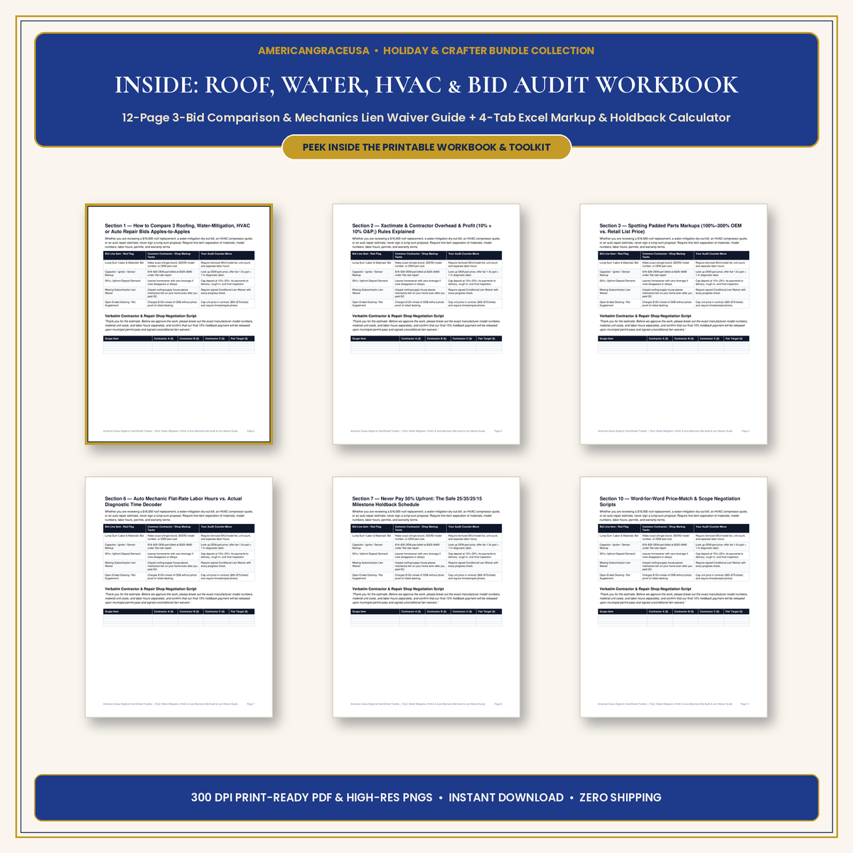 Roof, Water, HVAC & Contractor Bid Audit Workbook Inside Spreads & Excel Preview