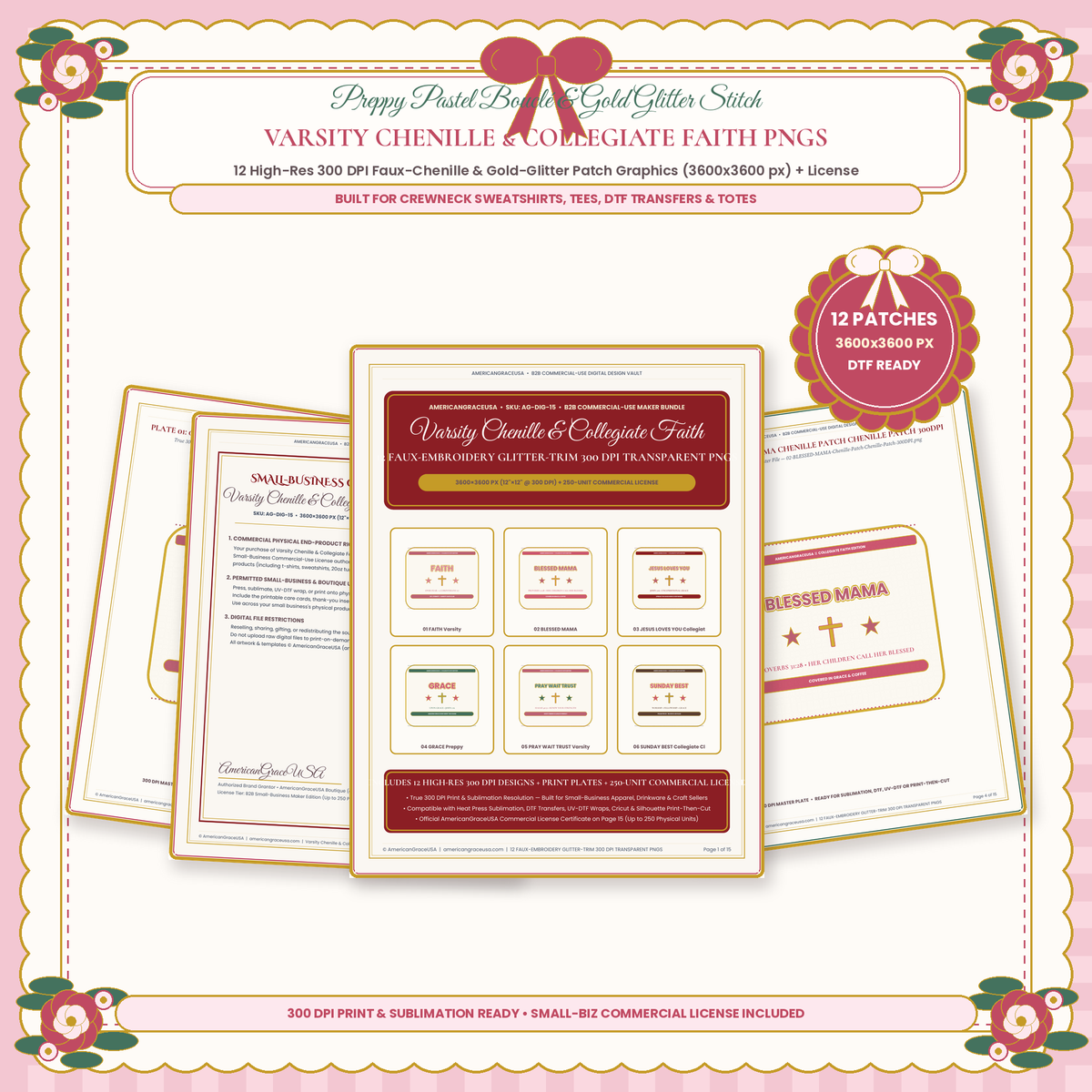 Varsity Chenille Patch & Preppy Collegiate Faith Lettering PNG Bundle (12 Designs) - Boutique Pastel Pink & Gold-Stitch Cover