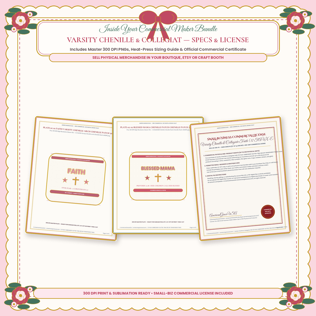 Varsity Chenille Patch & Preppy Collegiate Faith Lettering PNG Bundle - All 12 Designs & Commercial License Specs