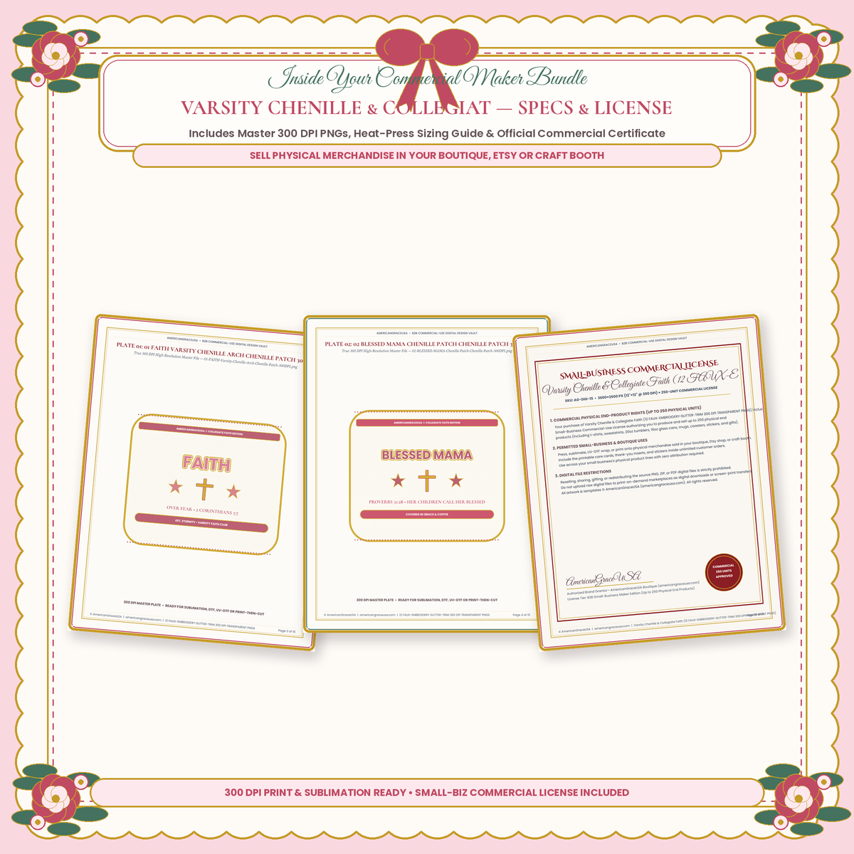 Varsity Chenille Patch & Preppy Collegiate Faith Lettering PNG Bundle - All 12 Designs & Commercial License Specs