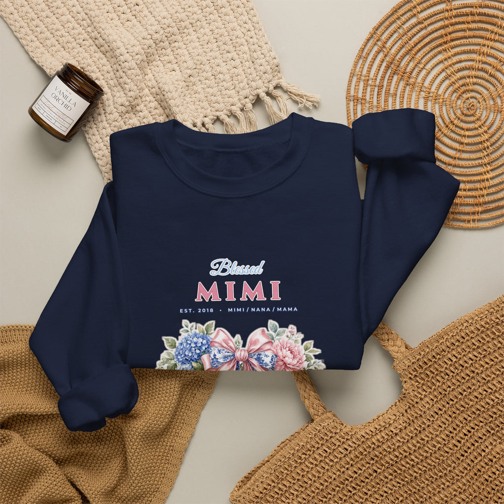 Personalized Blessed Mimi, Nana or Mama Chinoiserie Bow & Grandkids Names Sweatshirt | Custom Floral Coquette Grandma & Mom Crewneck