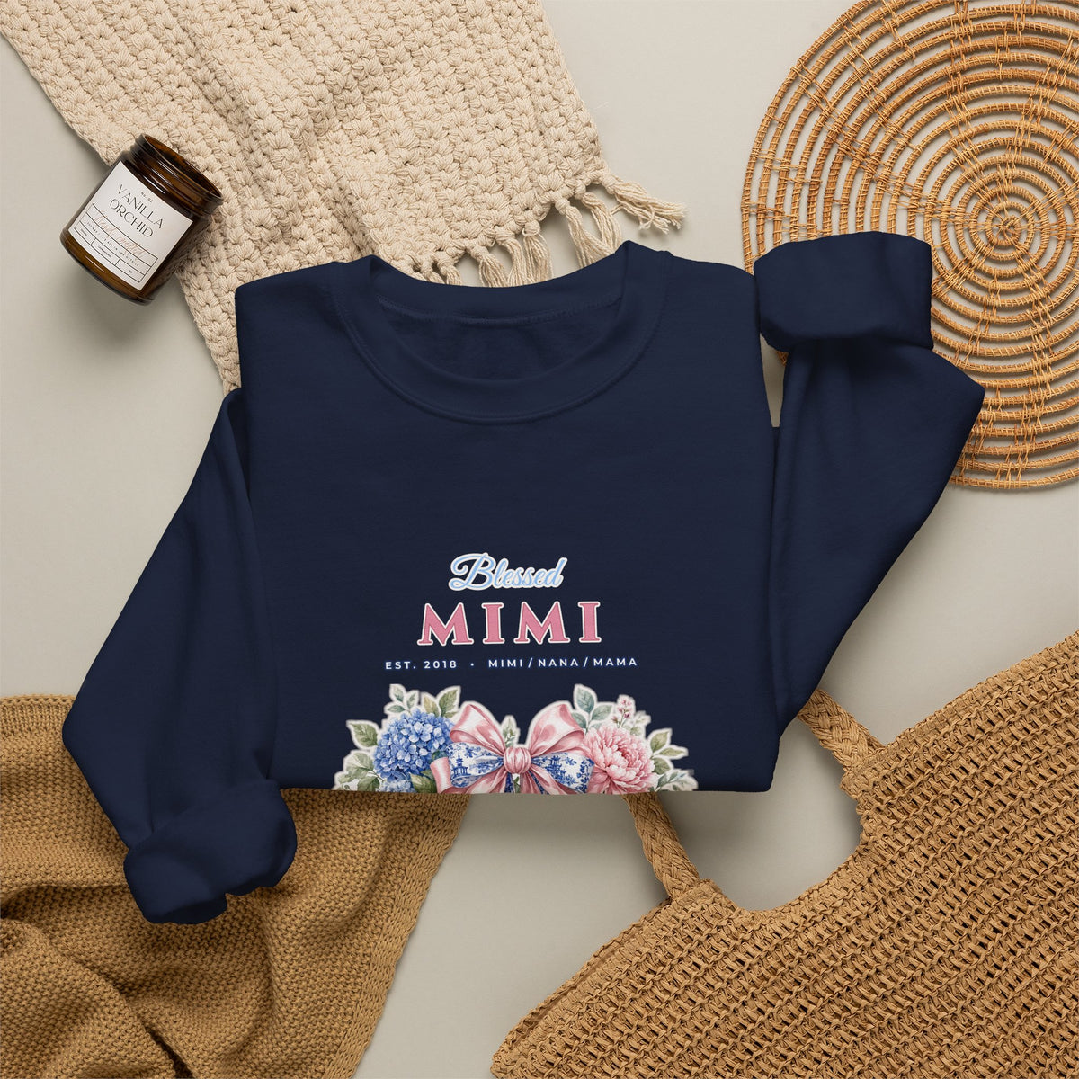 Personalized Blessed Mimi, Nana or Mama Chinoiserie Bow & Grandkids Names Sweatshirt | Custom Floral Coquette Grandma & Mom Crewneck
