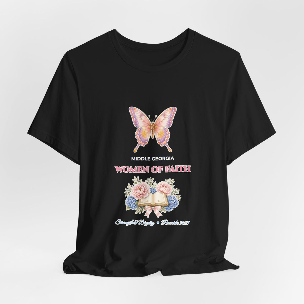 Personalized Custom Church or Ministry Name Shirt | Watercolor Butterfly & Scripture Bella+Canvas 3001 Tee | Women of Faith Bible Study Gift