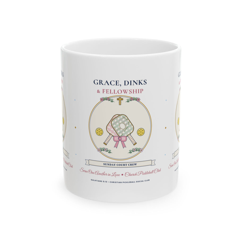 "Grace, Dinks & Fellowship" Church Pickleball Club Chinoiserie & Coquette Bow Mug (11oz / 15oz) | Christian Pickleball Gift