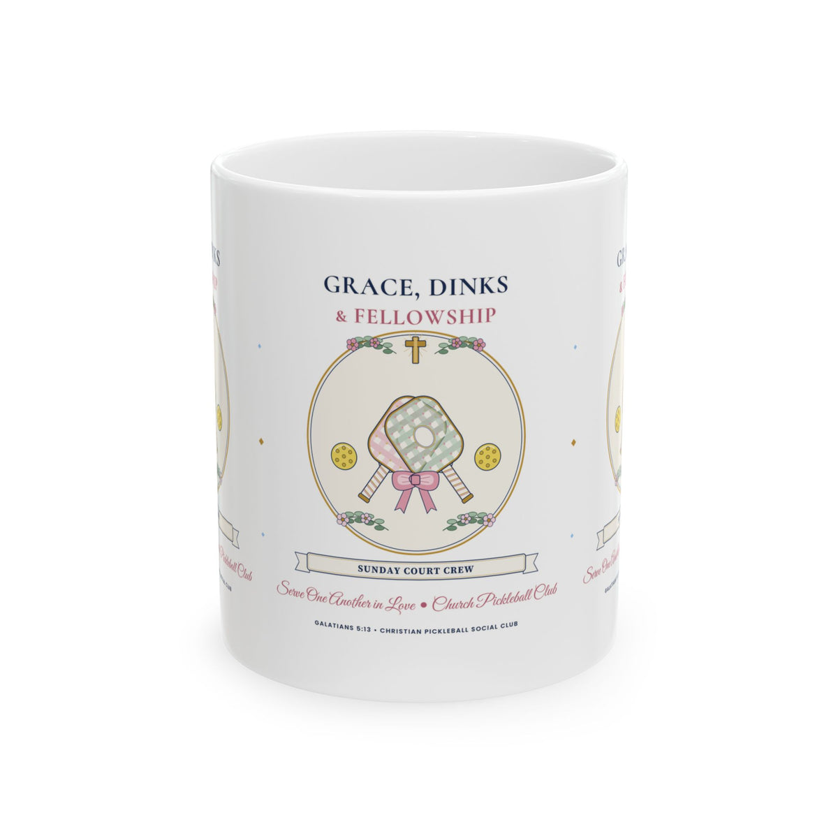 "Grace, Dinks & Fellowship" Church Pickleball Club Chinoiserie & Coquette Bow Mug (11oz / 15oz) | Christian Pickleball Gift