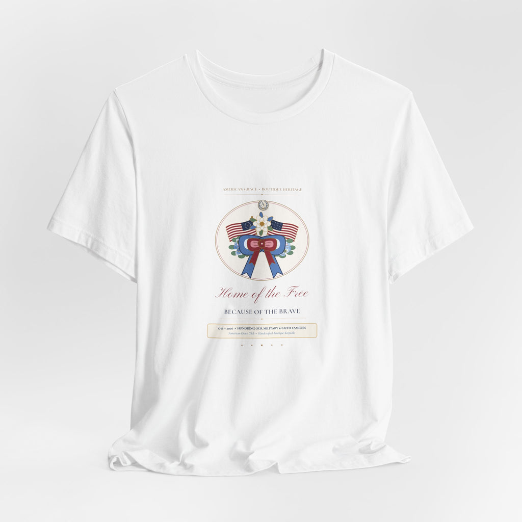 "American Grace • Home of the Free, Because of the Brave" Preppy Toile Ribbon & Flag Bella+Canvas Boutique Tee