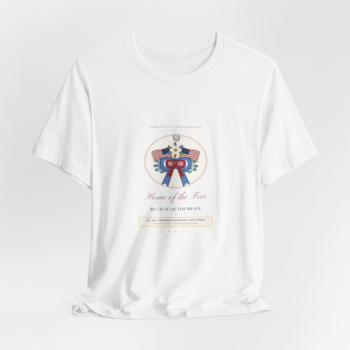 "American Grace • Home of the Free, Because of the Brave" Preppy Toile Ribbon & Flag Bella+Canvas Boutique Tee