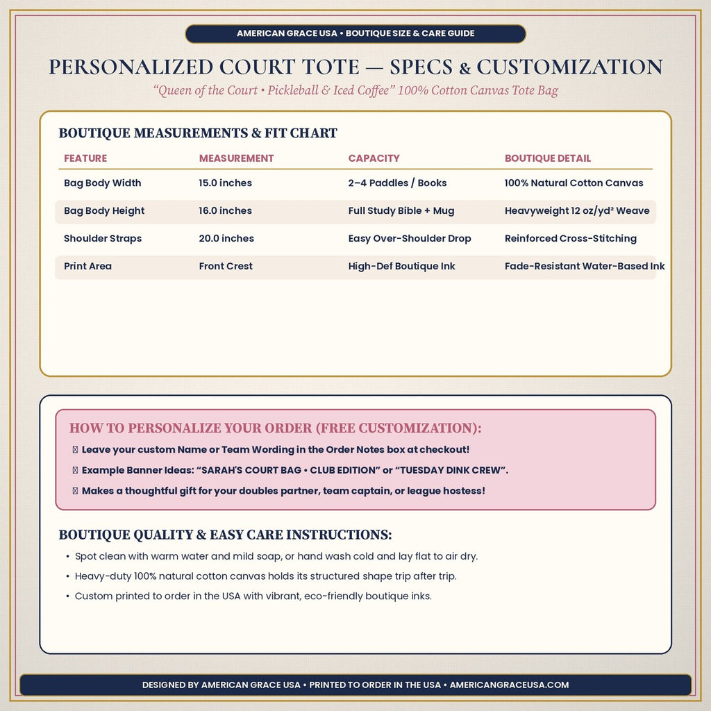 Personalized Court Tote Bag Dimensions & Customization Guide — AmericanGraceUSA