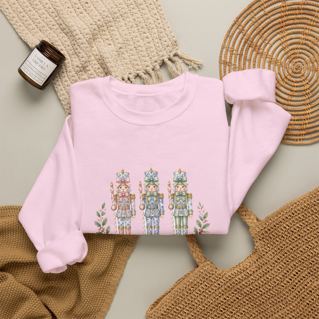 Pastel Chinoiserie Nutcracker & Pink Coquette Bow Holiday Sweatshirt | Grandmillennial "Merry & Bright" Christmas Crewneck