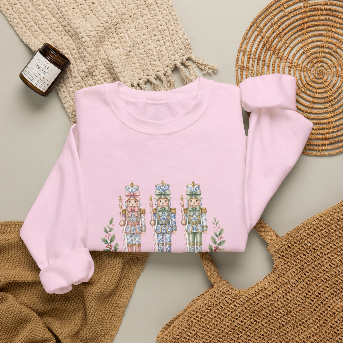 Pastel Chinoiserie Nutcracker & Pink Coquette Bow Holiday Sweatshirt | Grandmillennial "Merry & Bright" Christmas Crewneck