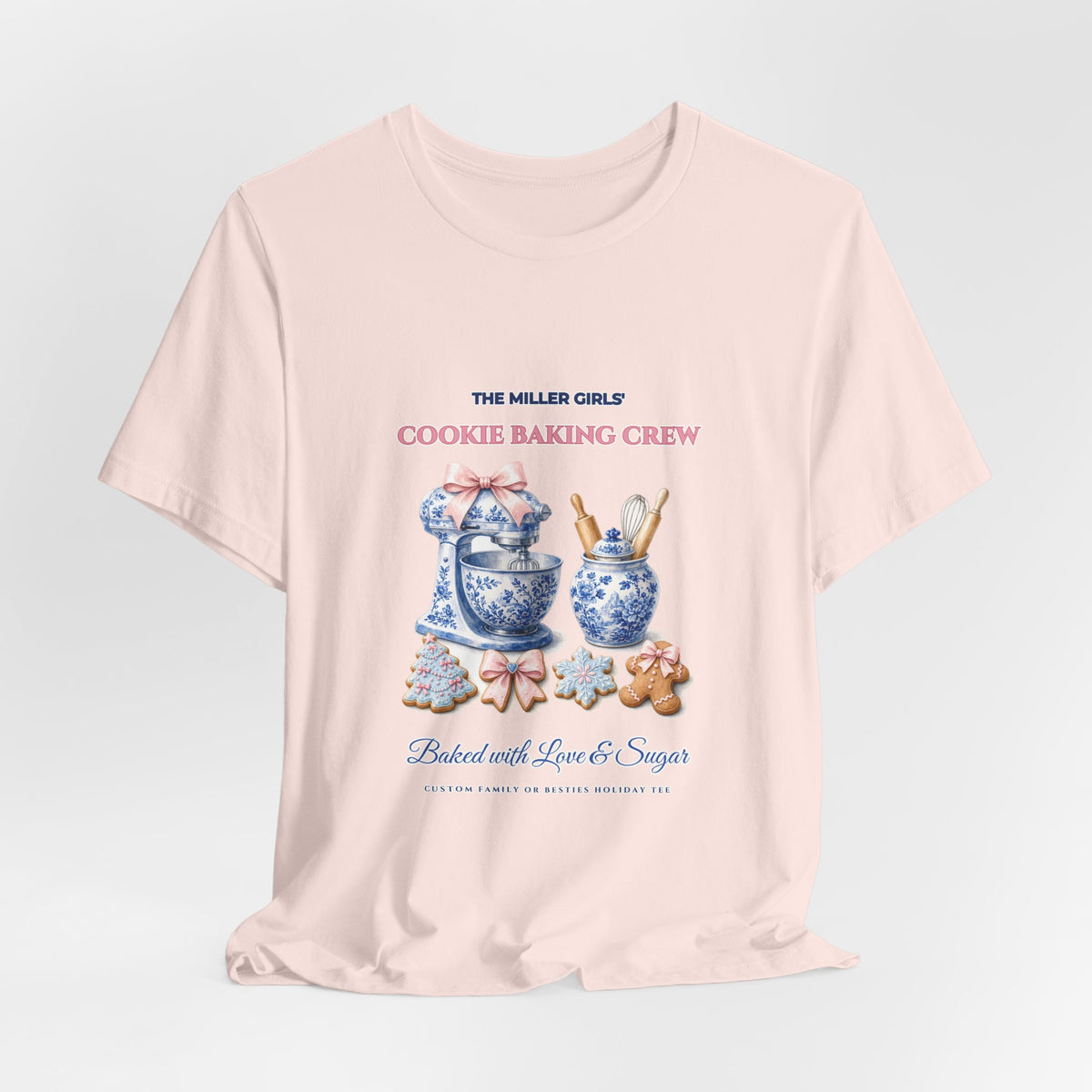 Personalized Custom Family or Besties Christmas Cookie Baking Crew Shirt | Chinoiserie Stand Mixer & Coquette Bow Bella+Canvas 3001 Tee