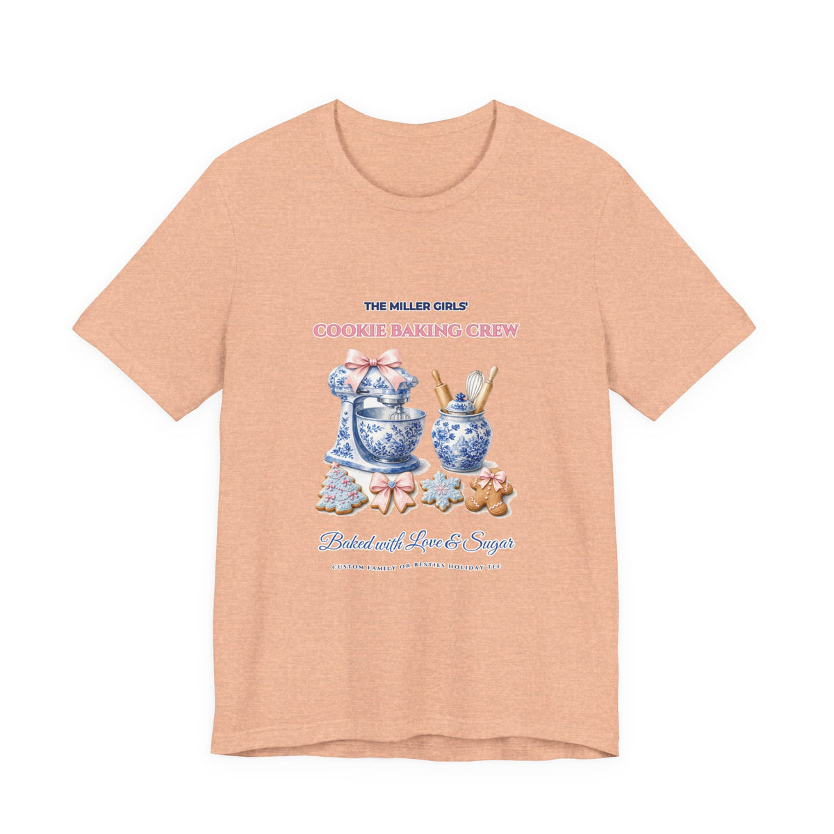 Personalized Custom Family or Besties Christmas Cookie Baking Crew Shirt | Chinoiserie Stand Mixer & Coquette Bow Bella+Canvas 3001 Tee