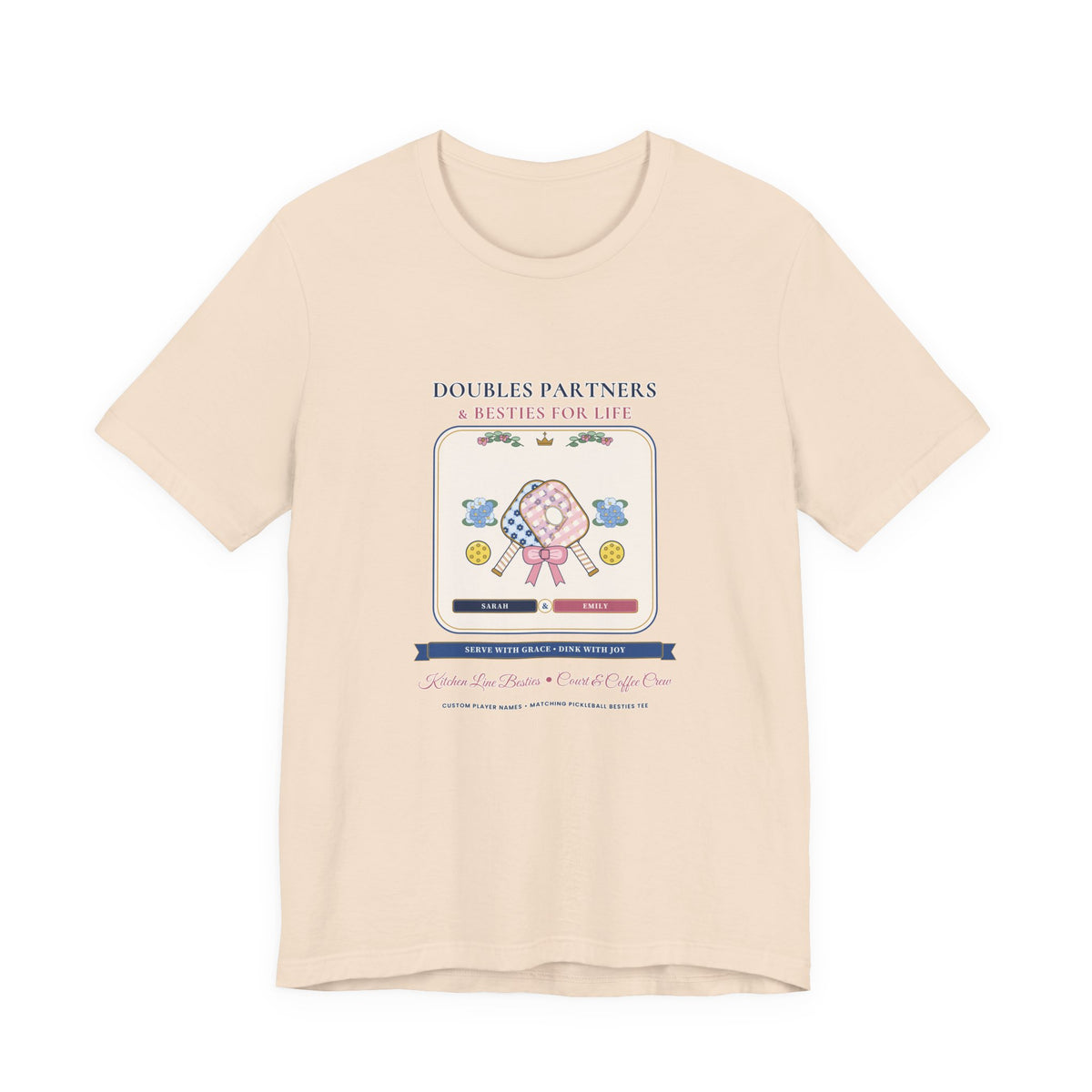 Personalized "Doubles Partners & Besties for Life" Preppy Chinoiserie Pickleball Shirt | Custom Names Matching Court Besties Bella+Canvas Tee