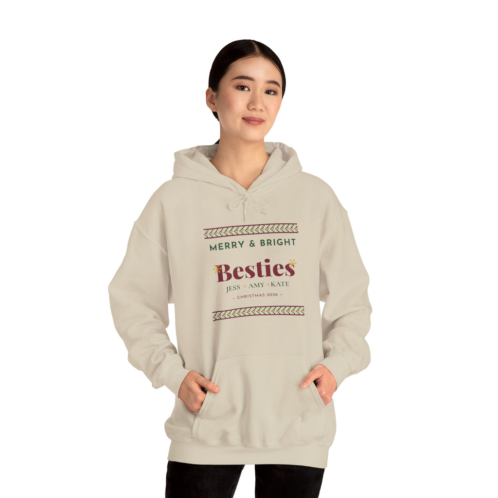 Merry and Bright Besties Christmas Hoodie Personalized — Bella+Canvas 3719 Unisex Sponge Fleece Pullover Hoodie Mockup 5
