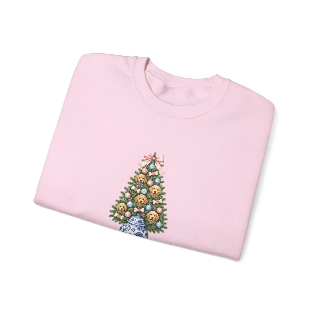 Merry Woofmas Chinoiserie Ginger-Jar Christmas Tree & Golden Doodle Ornaments Sweatshirt | Coquette Bow Dog Mom Holiday Crewneck