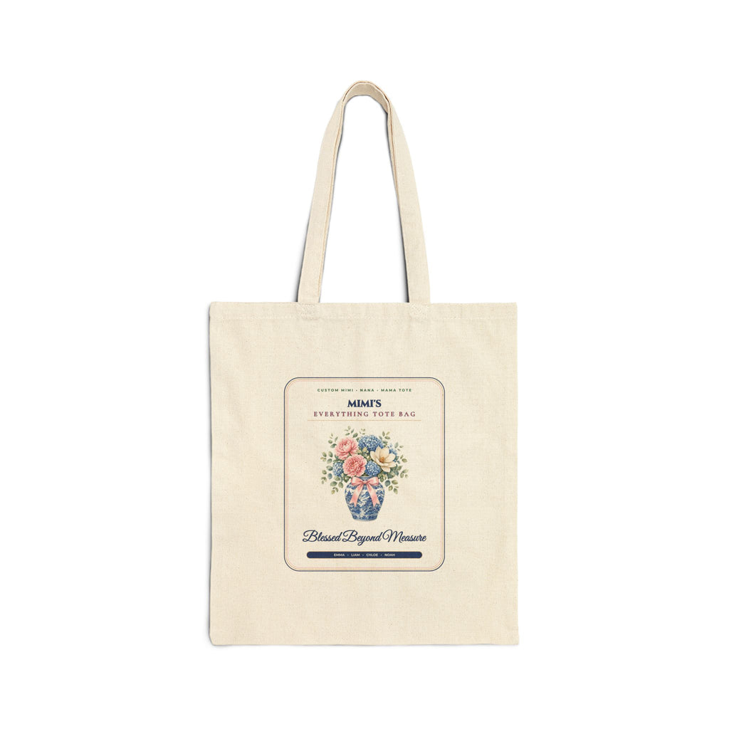 Personalized Custom Mimi, Nana or Mama Everything Canvas Tote Bag | Chinoiserie Ginger Jar Floral & Coquette Bow Gift Bag