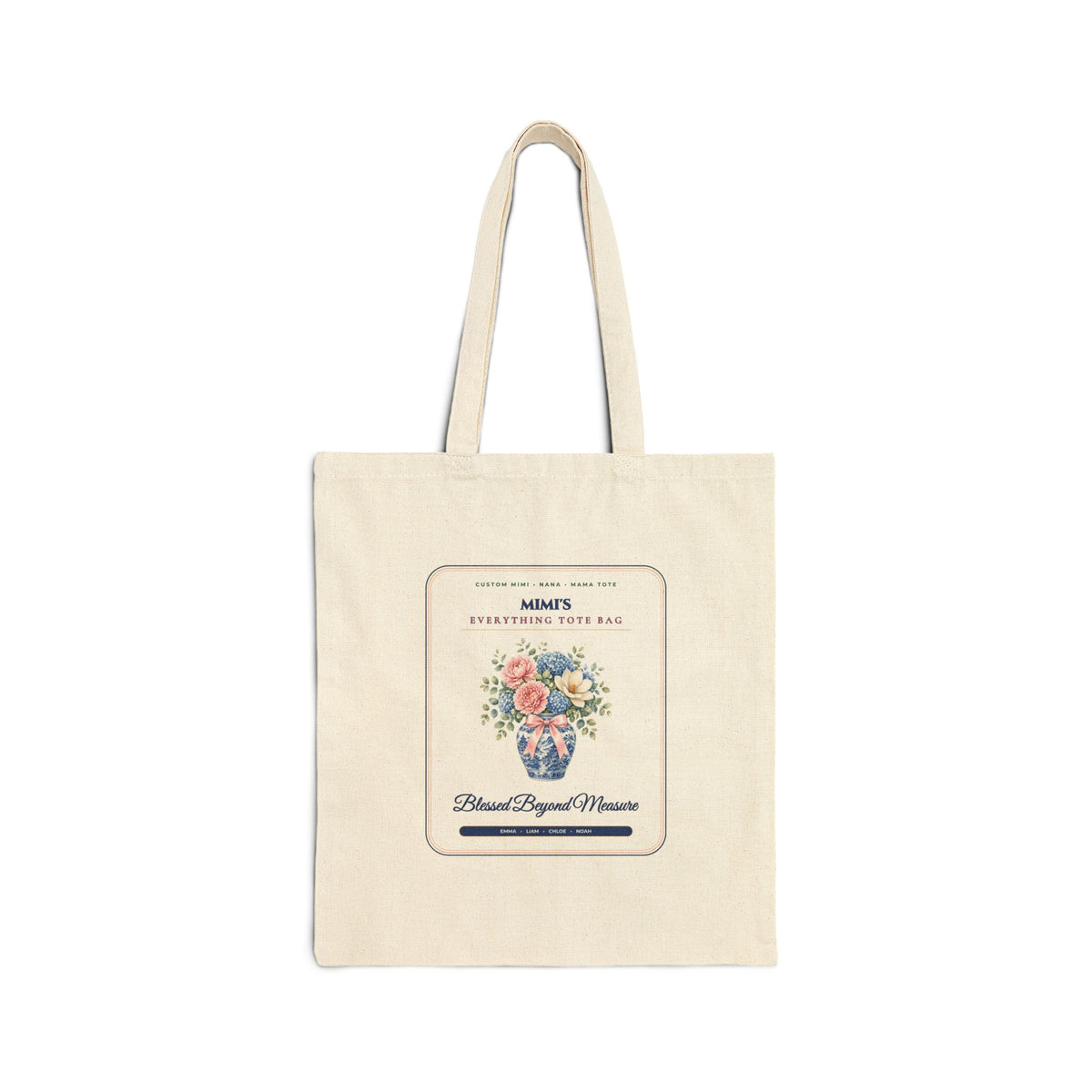 Personalized Custom Mimi, Nana or Mama Everything Canvas Tote Bag | Chinoiserie Ginger Jar Floral & Coquette Bow Gift Bag