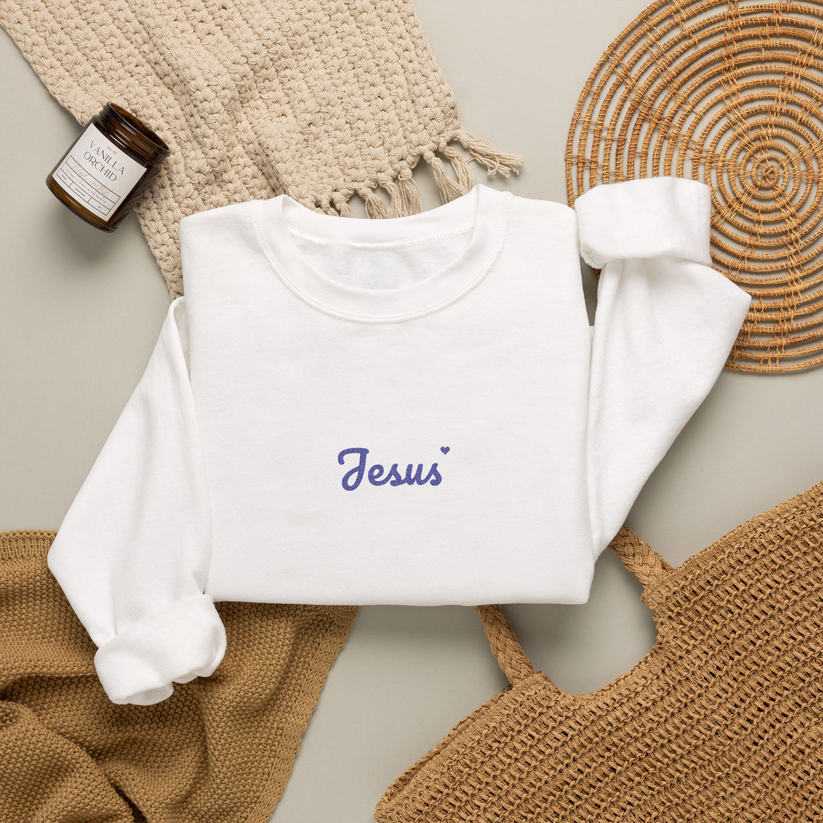 Embroidered Jesus Sweatshirt, Minimalist Christian Crewneck, Jesus Script with Heart, Faith Gift for Women
