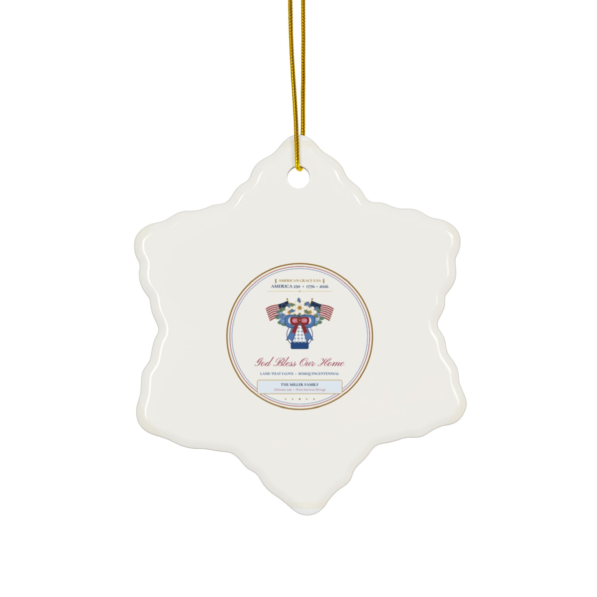Personalized "God Bless Our Home • America 250 (1776–2026)" Chinoiserie Ginger-Jar & Flag Ceramic Christmas Ornament