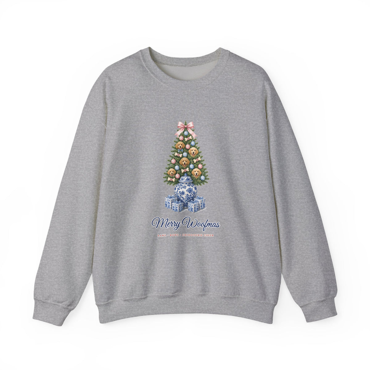 Merry Woofmas Chinoiserie Ginger-Jar Christmas Tree & Golden Doodle Ornaments Sweatshirt | Coquette Bow Dog Mom Holiday Crewneck