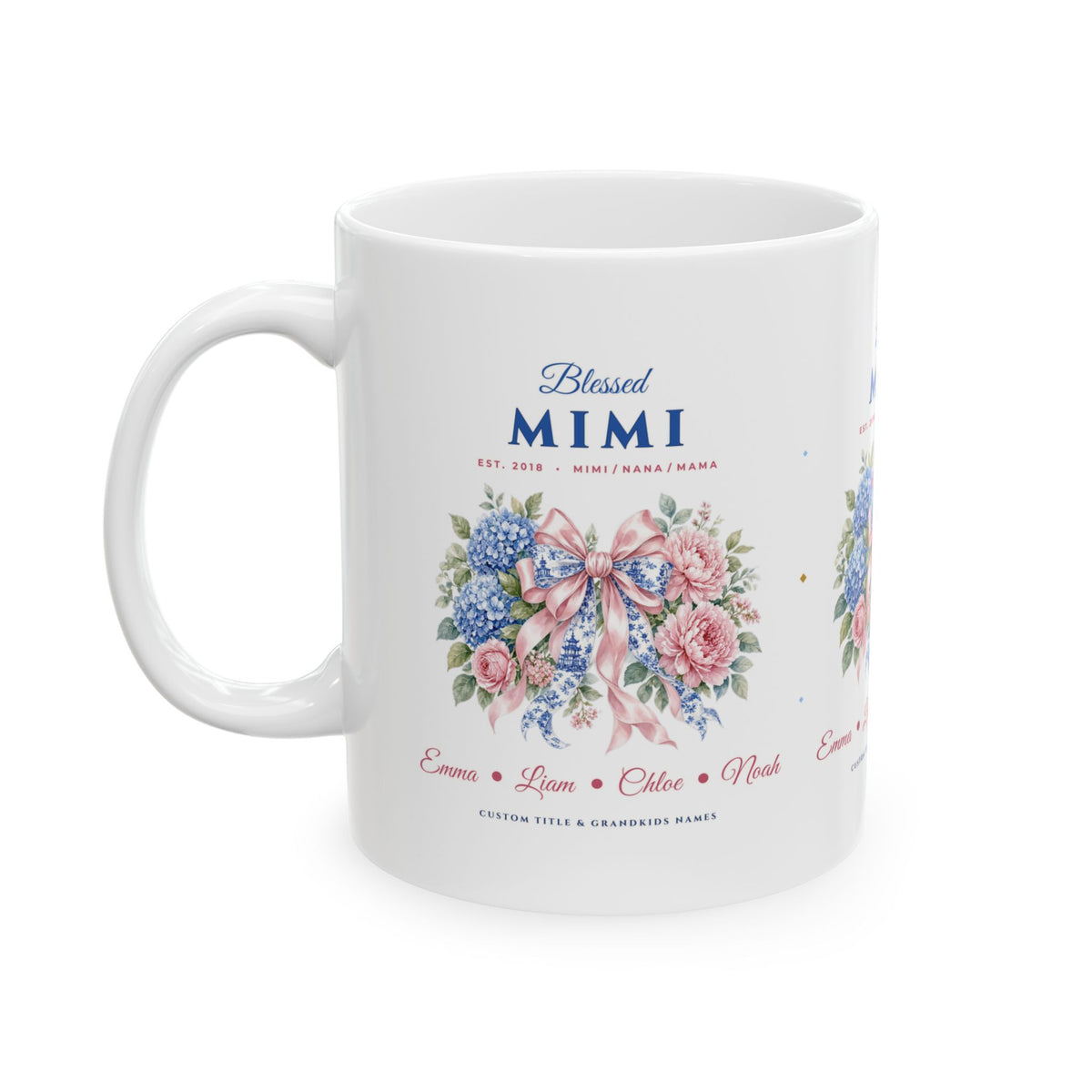 Personalized "Blessed Mimi, Nana or Mama" Chinoiserie Coquette Bow & Grandkids Names Ceramic Mug (11oz / 15oz) | Custom Grandma Gift