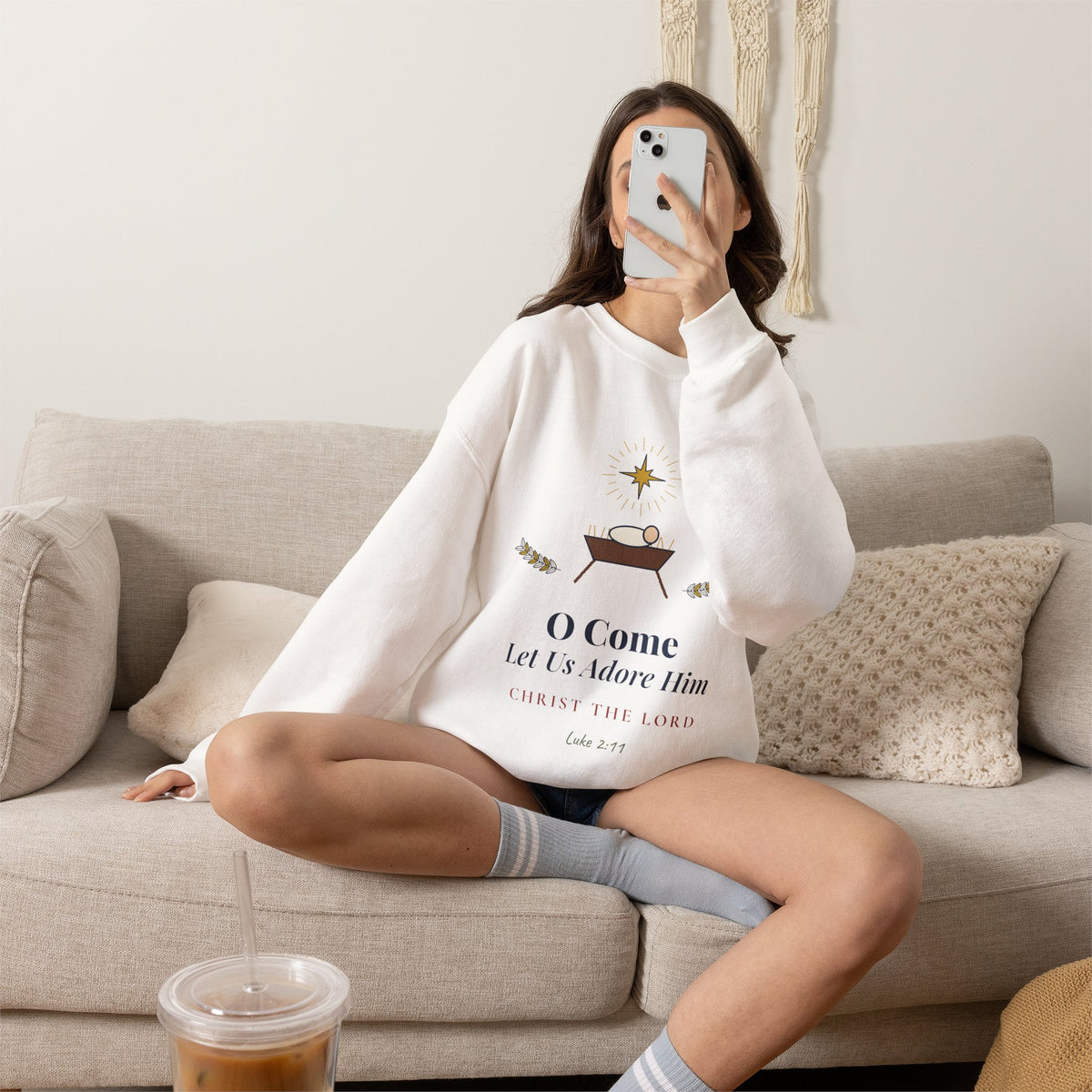 Christian Christmas Sweatshirt, O Come Let Us Adore Him, Religious Nativity Crewneck, Jesus Christmas Gift for Women
