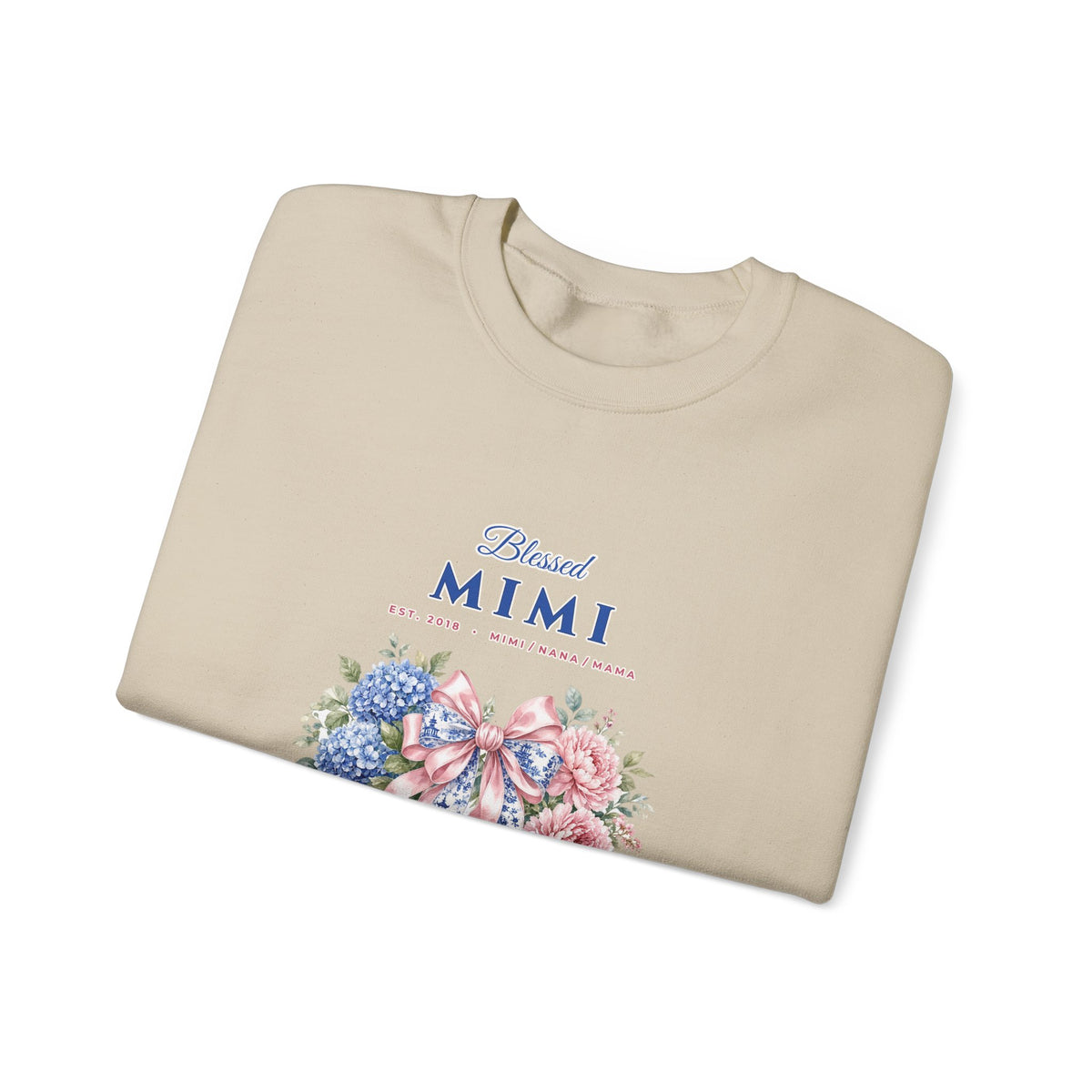 Personalized Blessed Mimi, Nana or Mama Chinoiserie Bow & Grandkids Names Sweatshirt | Custom Floral Coquette Grandma & Mom Crewneck