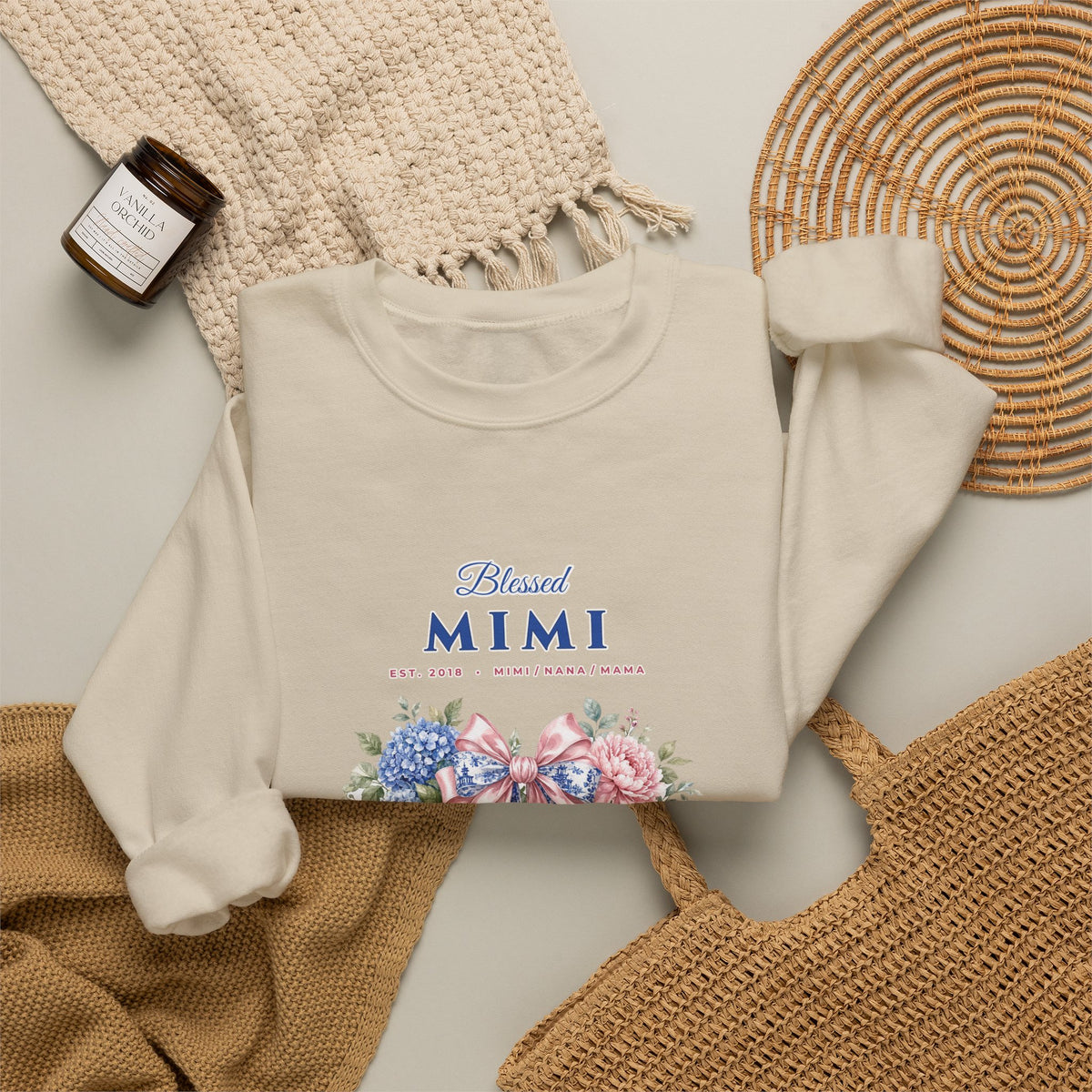 Personalized Blessed Mimi, Nana or Mama Chinoiserie Bow & Grandkids Names Sweatshirt | Custom Floral Coquette Grandma & Mom Crewneck