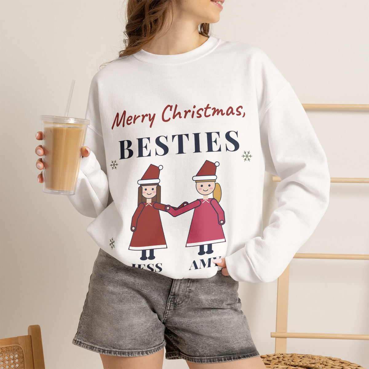 Best Friend Christmas Sweatshirt Personalized, Merry Christmas Besties with 2 Names, Matching BFF Christmas Crewneck