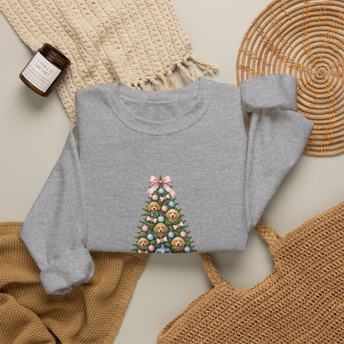 Merry Woofmas Chinoiserie Ginger-Jar Christmas Tree & Golden Doodle Ornaments Sweatshirt | Coquette Bow Dog Mom Holiday Crewneck