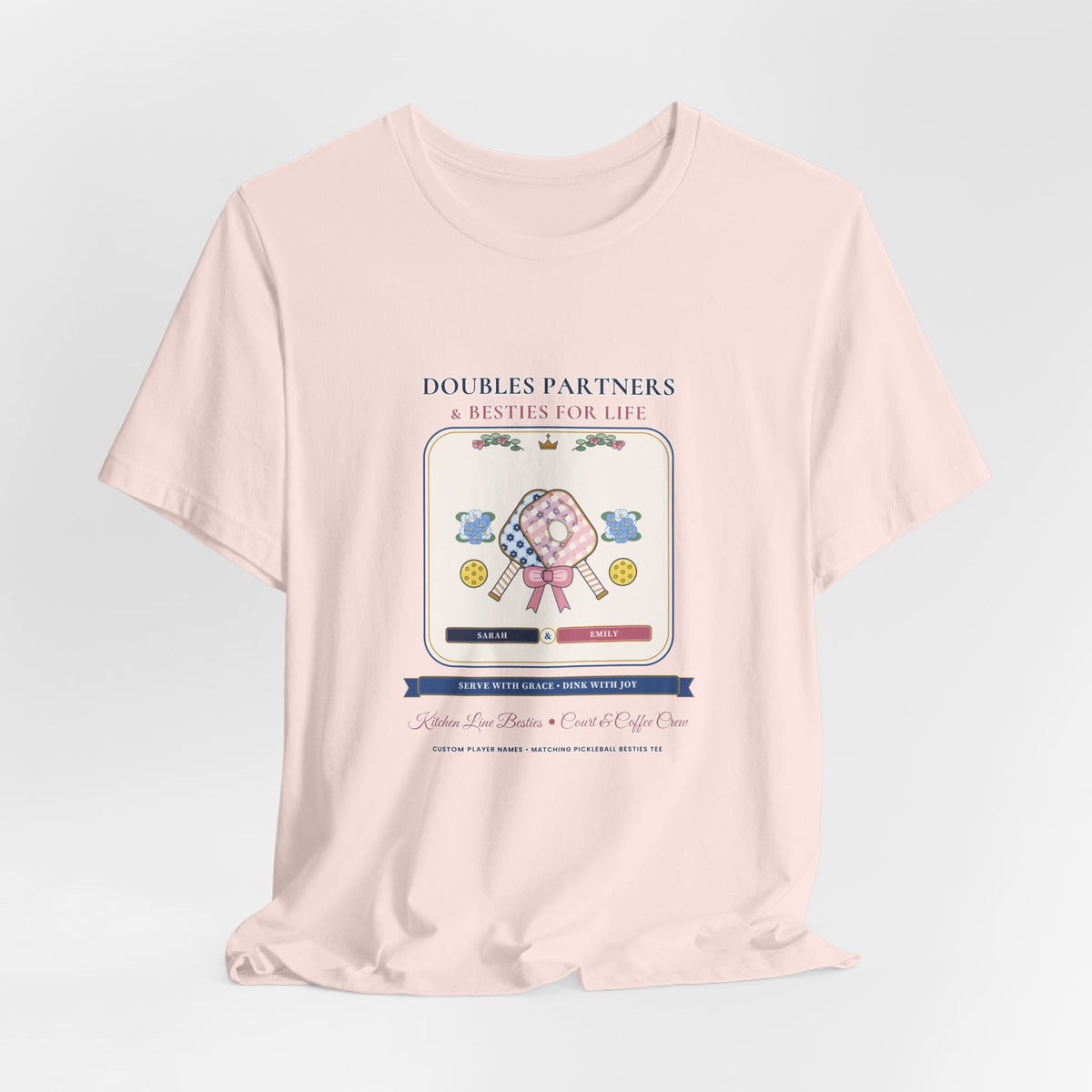 Personalized "Doubles Partners & Besties for Life" Preppy Chinoiserie Pickleball Shirt | Custom Names Matching Court Besties Bella+Canvas Tee