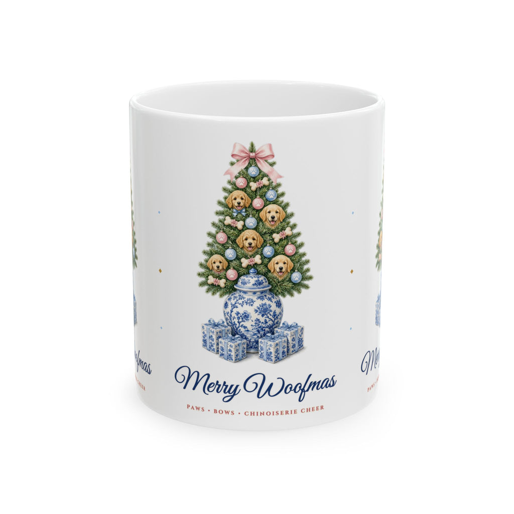 "Merry Woofmas" Chinoiserie Ginger-Jar Christmas Tree & Golden Doodle Dog Mom Holiday Ceramic Mug (11oz / 15oz) | Dog Lover Gift